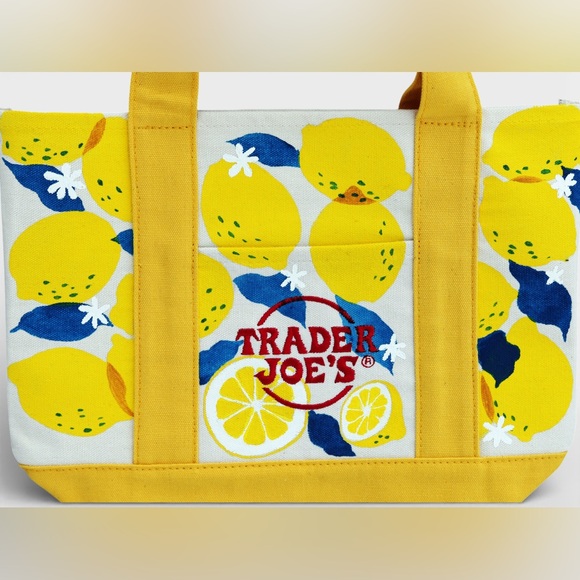 Hand Painted Trader Joe’s Mini Tote Lemon Yellow Canvas Bag - Picture 3 of 3